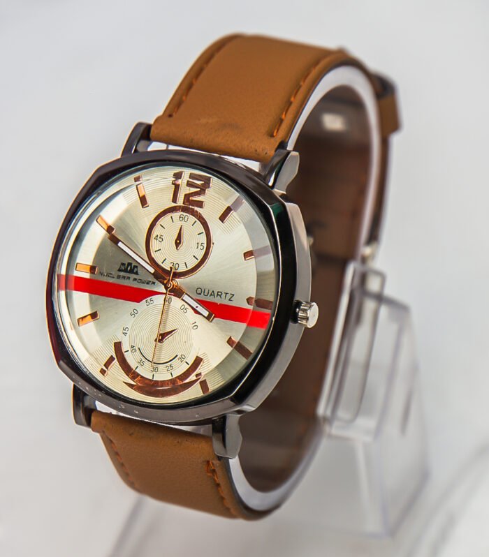 quartz watch with brown leather strap and red dial line