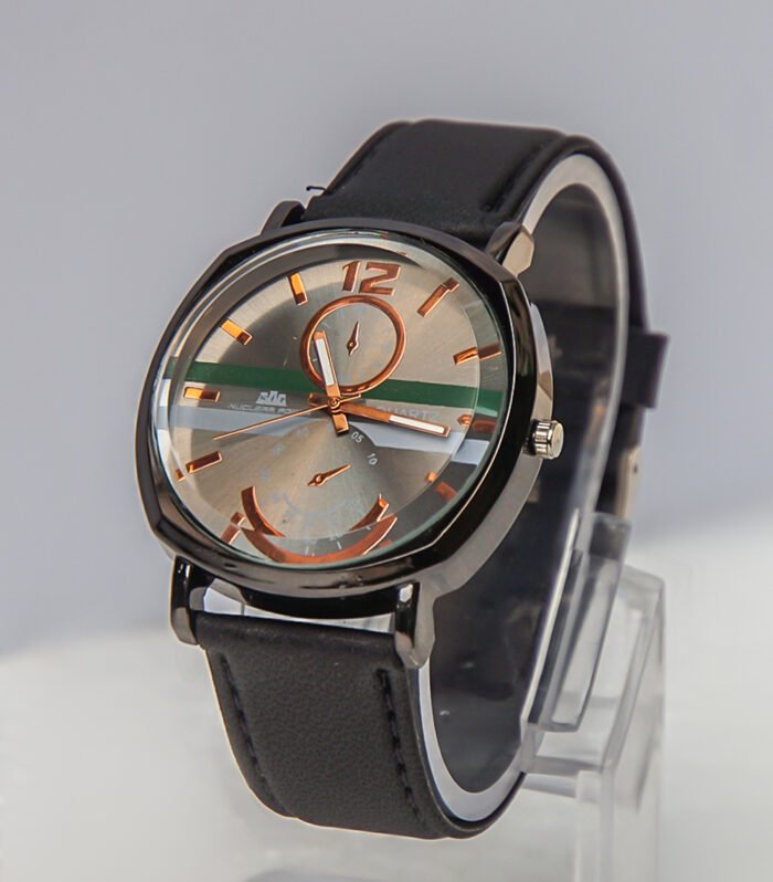 quartz watch with black leather strap and green dial line